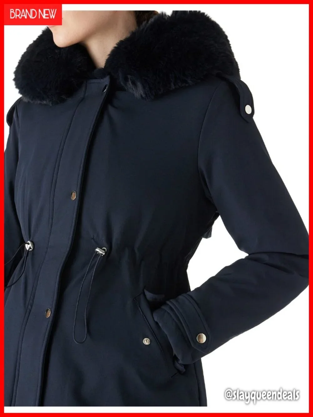 Warm Winter Long Puffer Coat with Detachable Faux Fur Hood, Drawstring Waist,